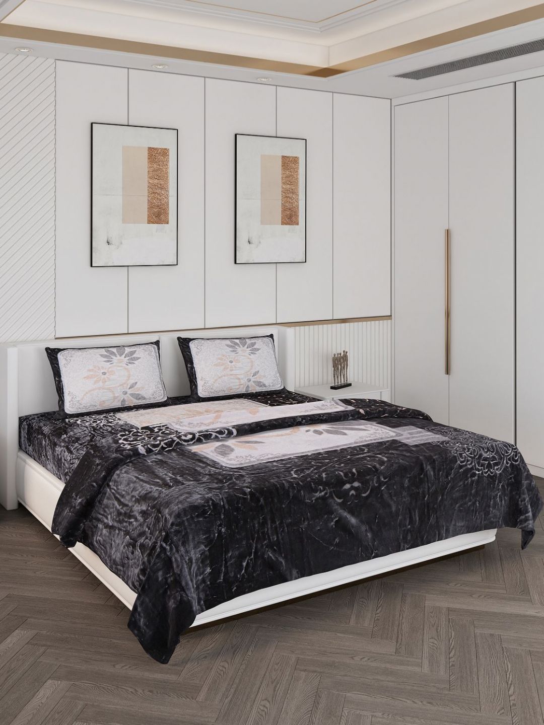 Monte Carlo Black 4 Pieces Ethnic Double Queen Bedsheet With 2 Pillow Covers & Comforter-image-0