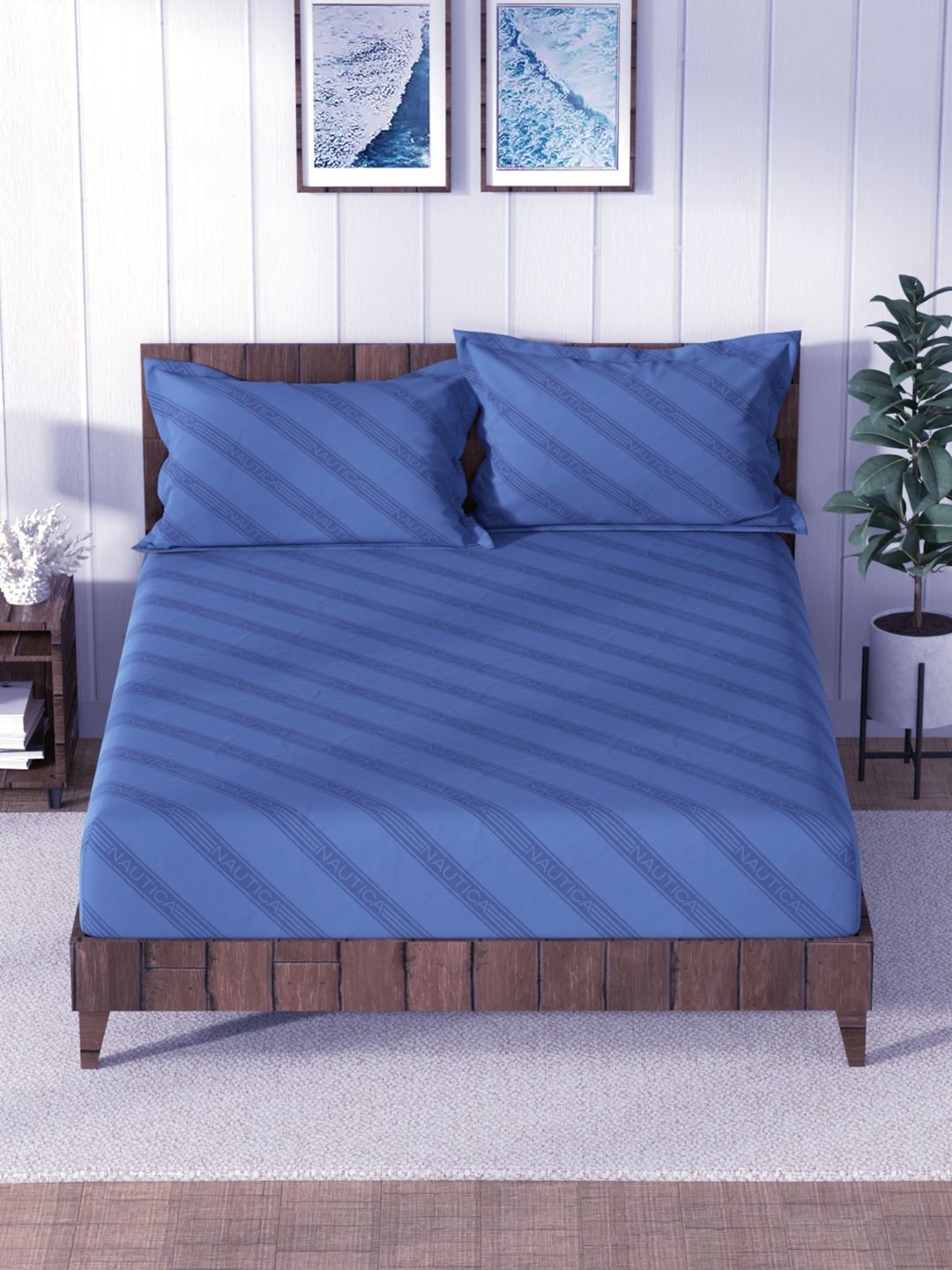 Nautica Dreams Navy Blue Striped 160 TC Pure Cotton King Bedsheet & 2 Pillow Covers-picture-50