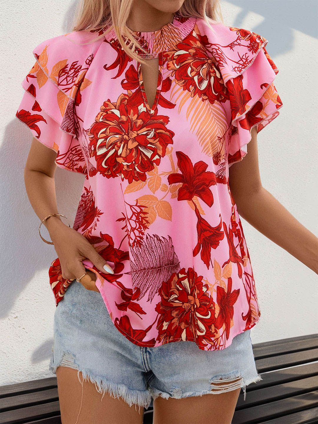 DressBerry Floral Print Keyhole Neck Flutter Sleeve Ruffled Top-picture-15