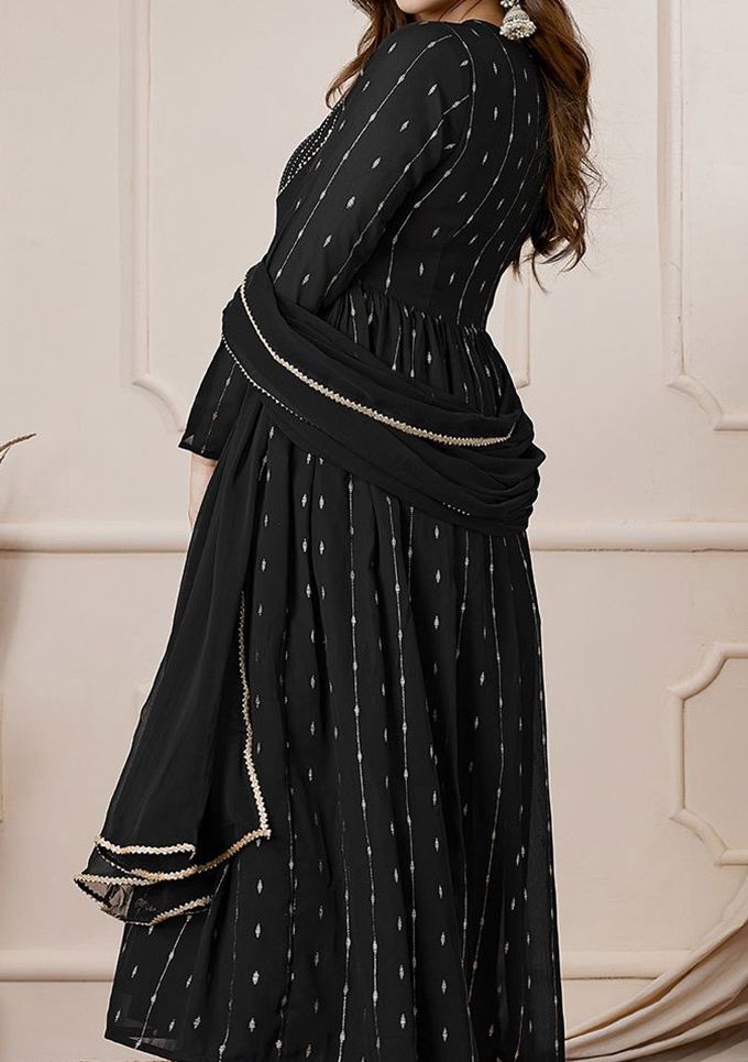 Janasya plus size black georgette foil printed anarkali kurta with palazzo set for evening wear