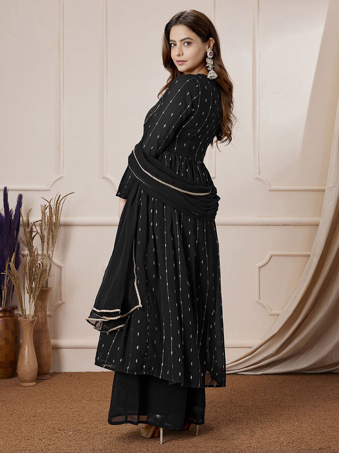 Janasya plus size black georgette foil printed anarkali kurta with palazzo set for evening wear