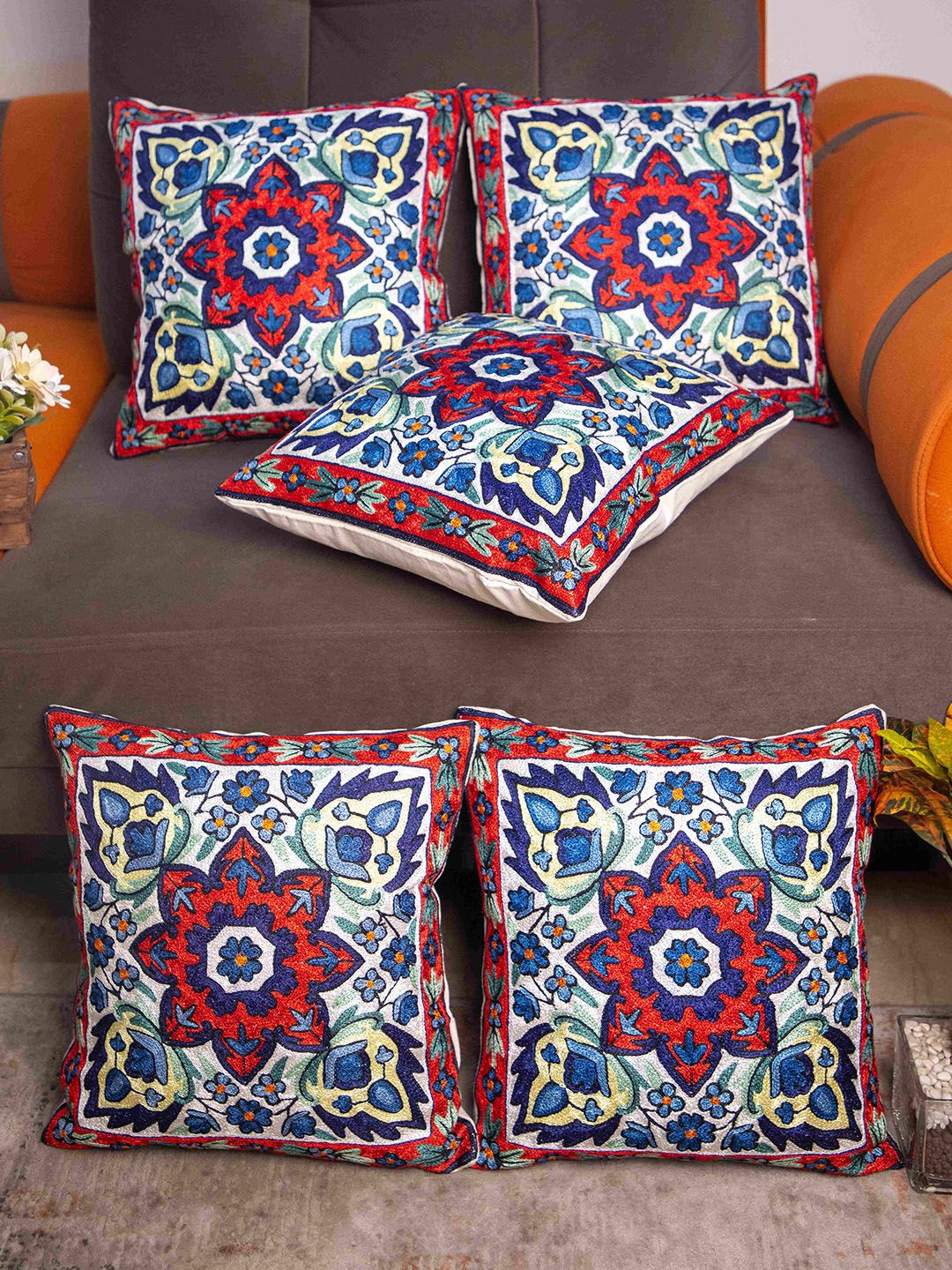 STUDIOHMK White & Blue Kashmiri Embroidered Square Cushion Covers-image-42