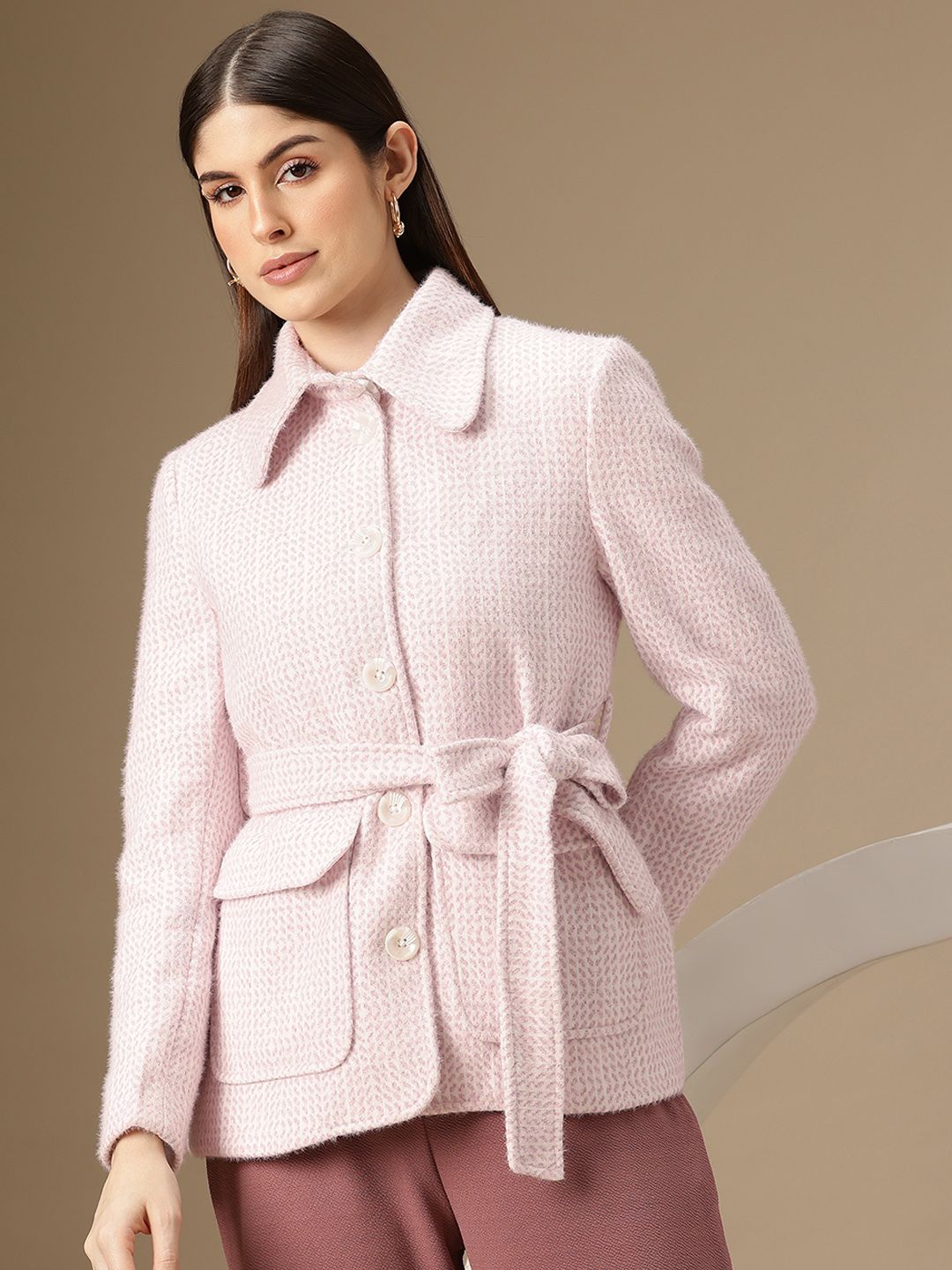 Chemistry Single-Breasted Self-Design Shimmer Blazer with Belt-picture-28