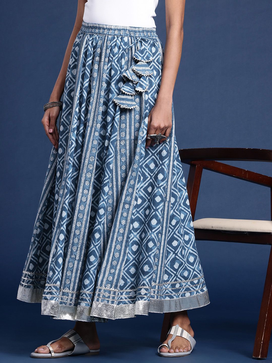 Taavi Indigo Hand Block Printed Pure Cotton Flared Maxi Skirt With Tassel Details-picture-31