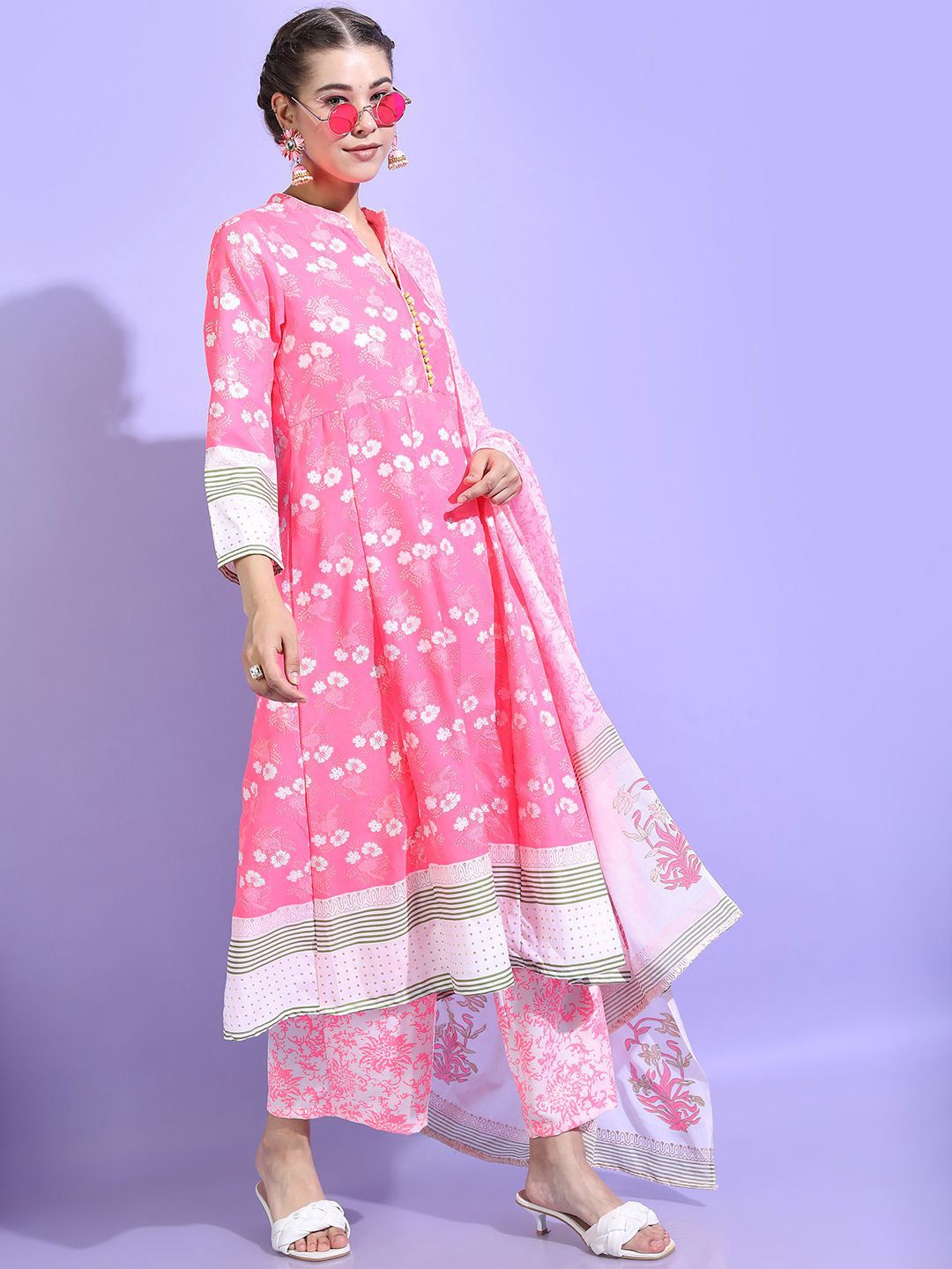 Pink Printed Cotton A-Line Kurta With Palazzos & Dupatta