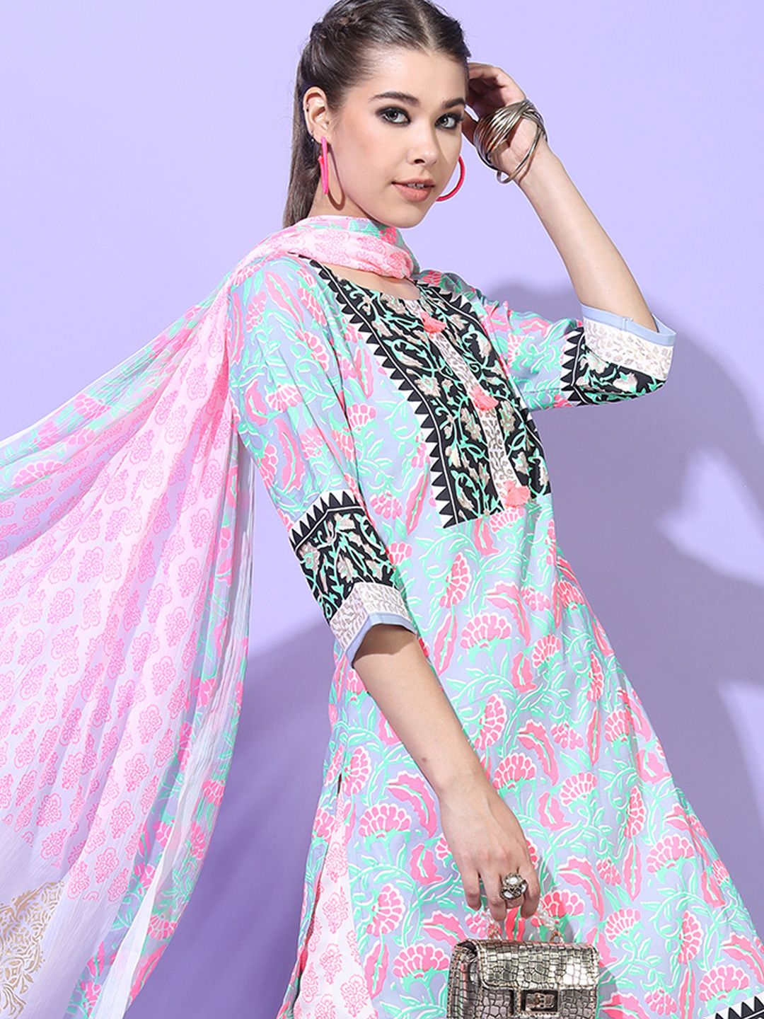 Vishudh Grey & Pink Floral Printed Straight Kurta & Palazzos With Dupatta