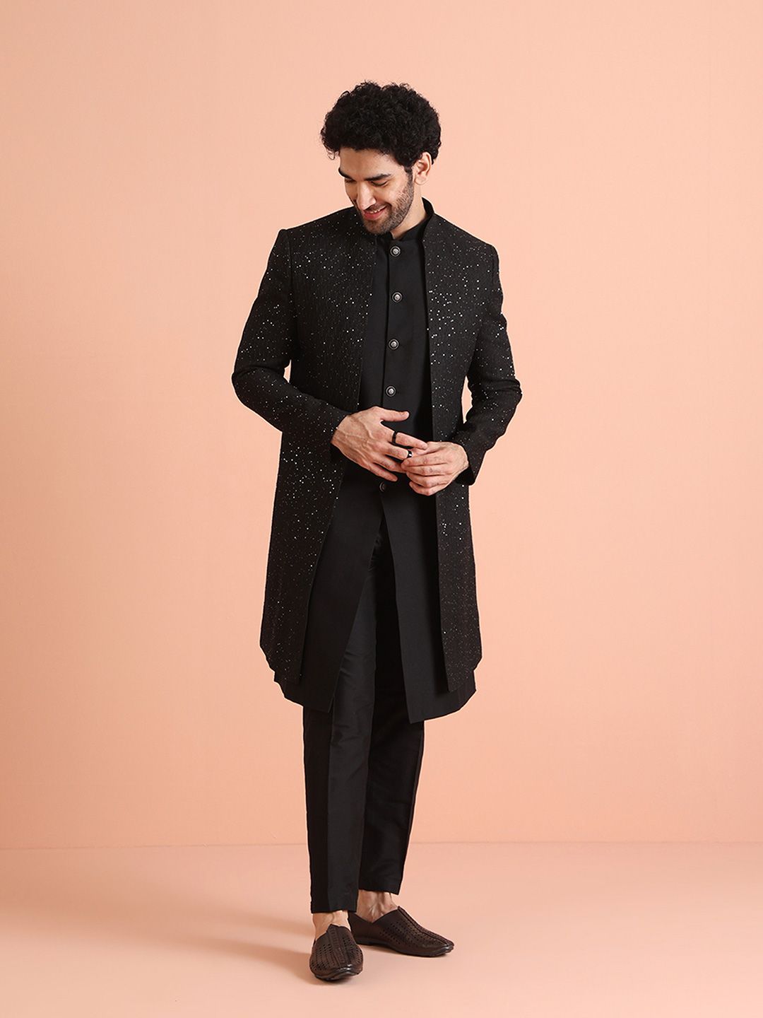 KISAH Men Embellished Regular Fit Sequinned Jacket Sherwani Trouser Set-picture-21