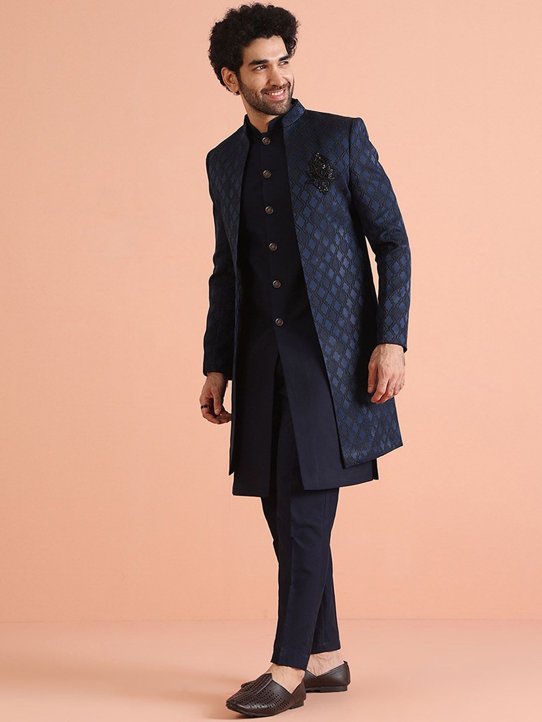 KISAH Men Jacquard Regular Fit Ethnic Motifs Jacket Sherwani Trouser Set