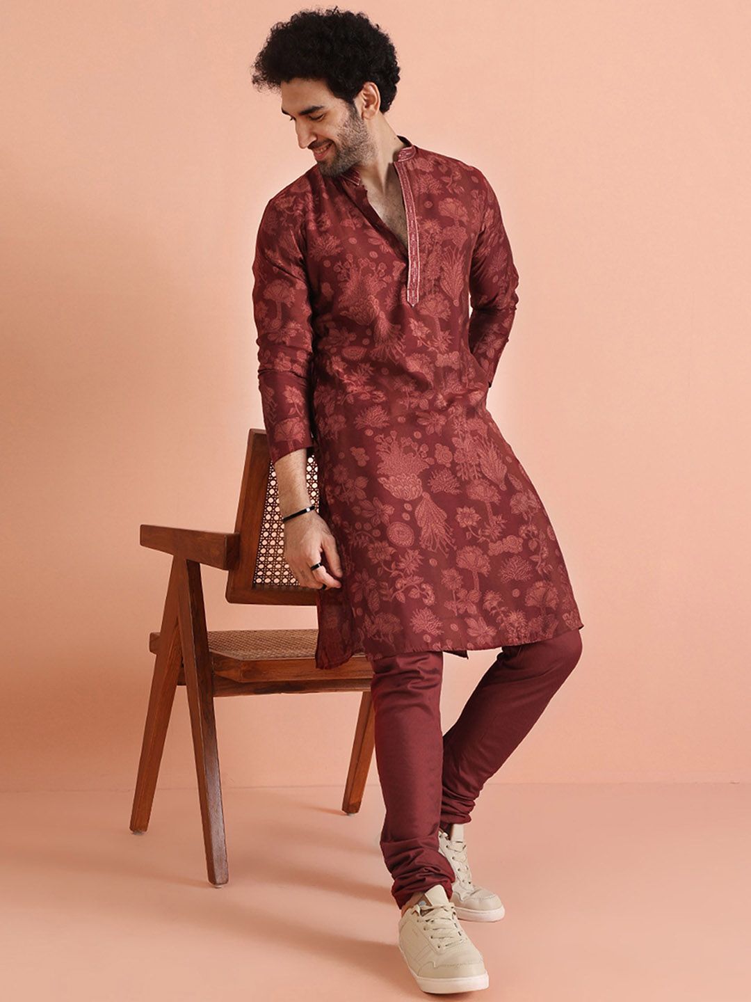 Men Mustard Floral Printed Kurta With Churidar