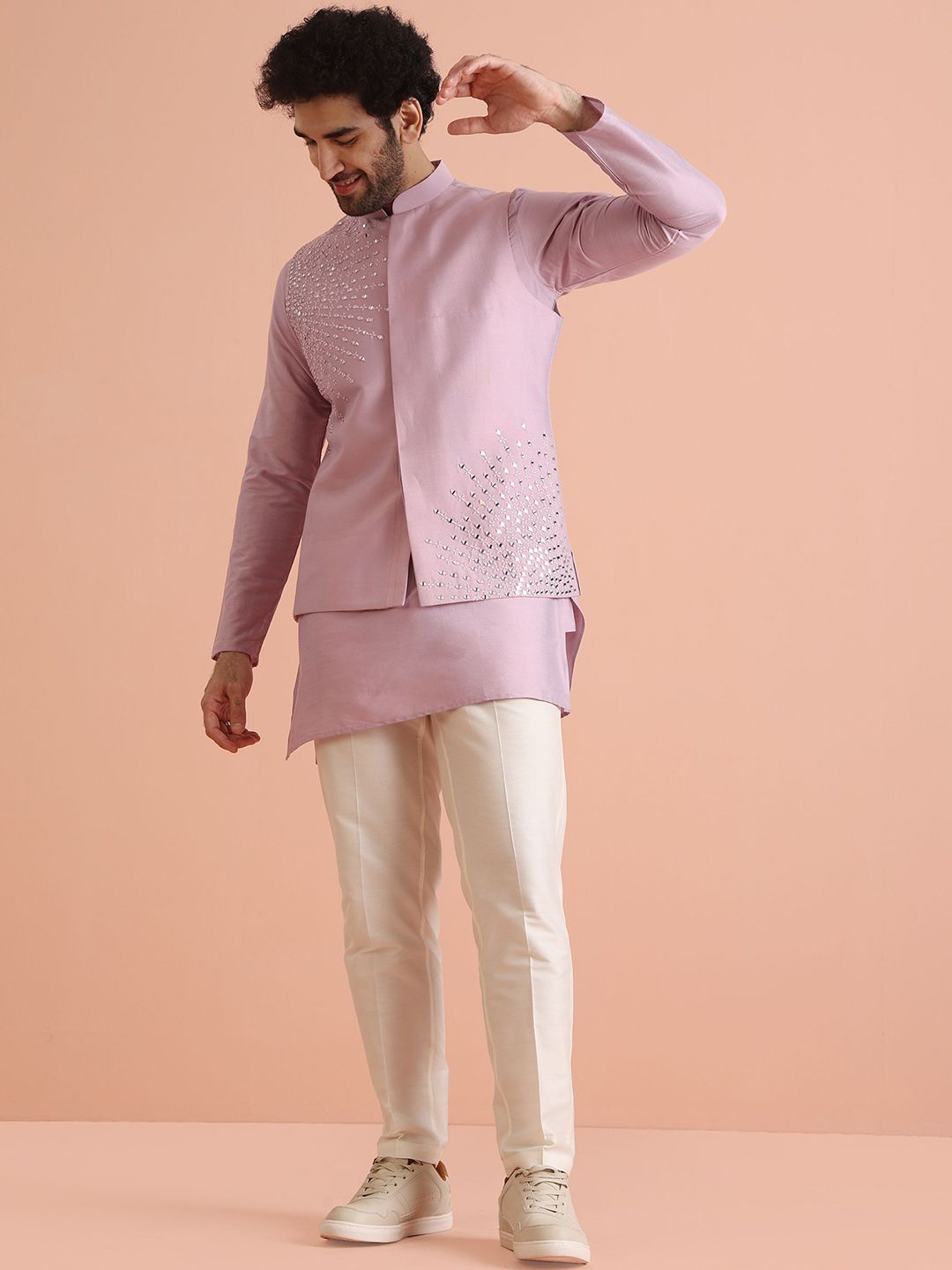 KISAH Men Embroidered Regular Fit Mirror work Kurta Nehru Jacket Trouser Set