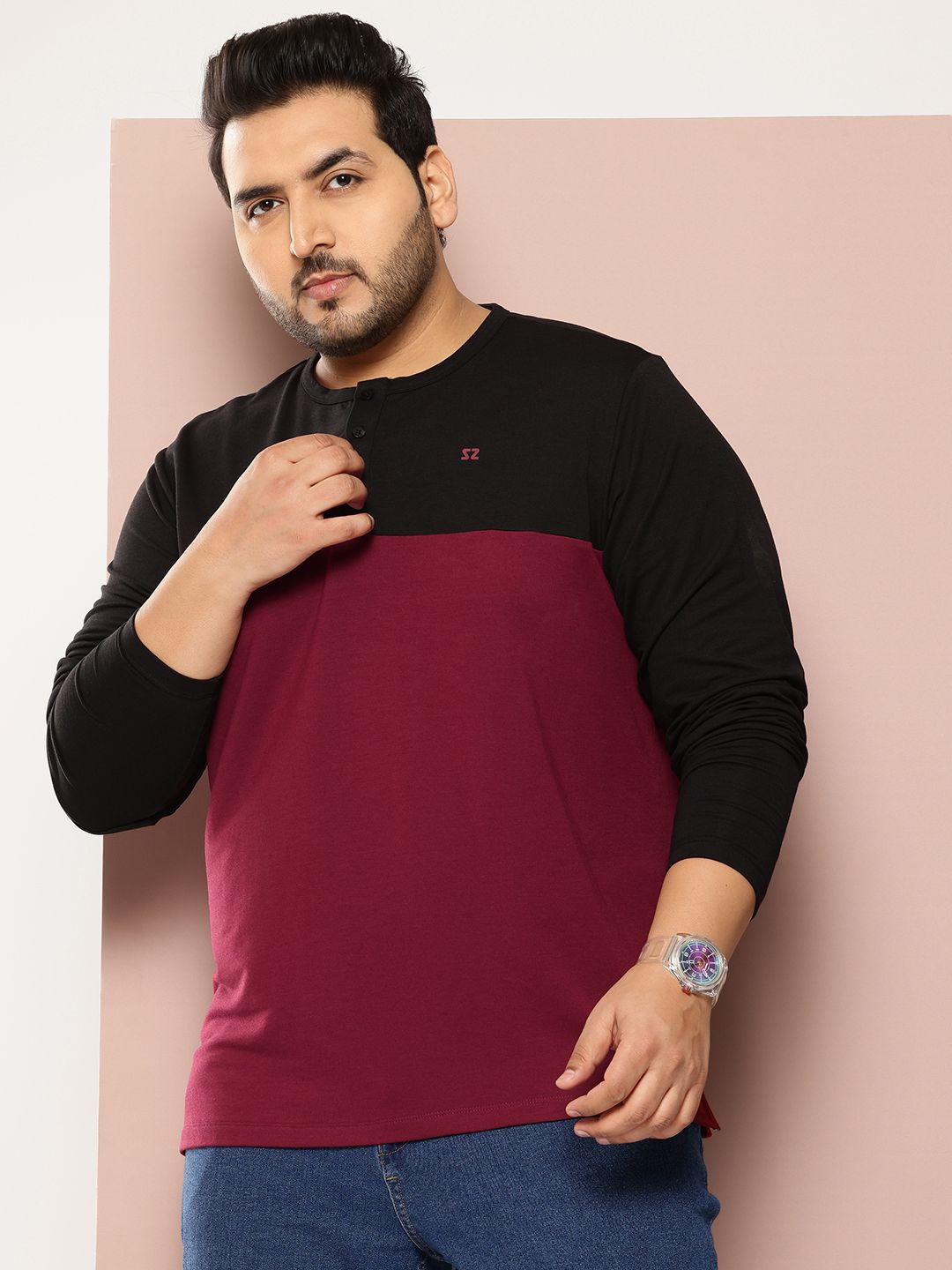 Sztori Plus Size  Colourblocked Henley Neck T-shirt-picture-33