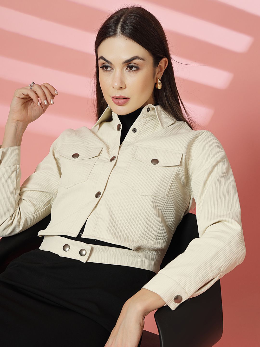 CHKOKKO Women Solid Crop Tailored Jacket-picture-28