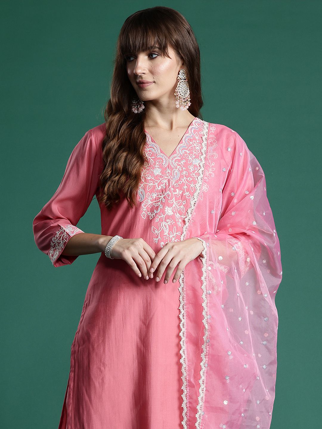 Indo Era Floral Embroidered Sequinned Liva Kurta With Trousers & Dupatta