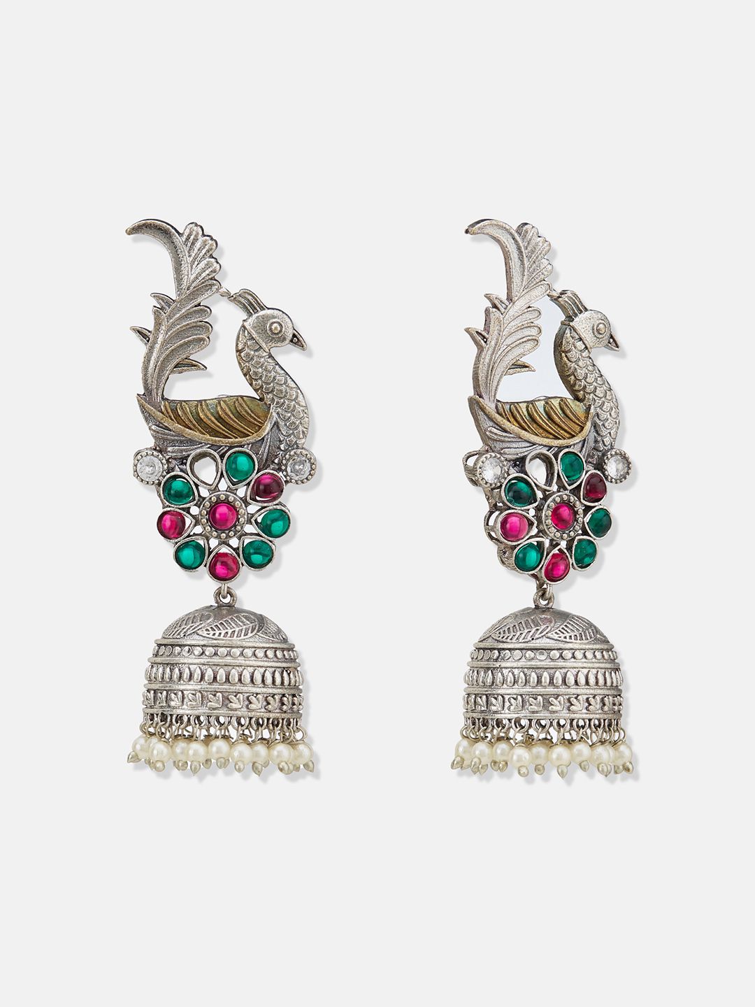 ATIBELLE German Silver Plated Peacock Shaped Oxidised Jhumkas Earrings