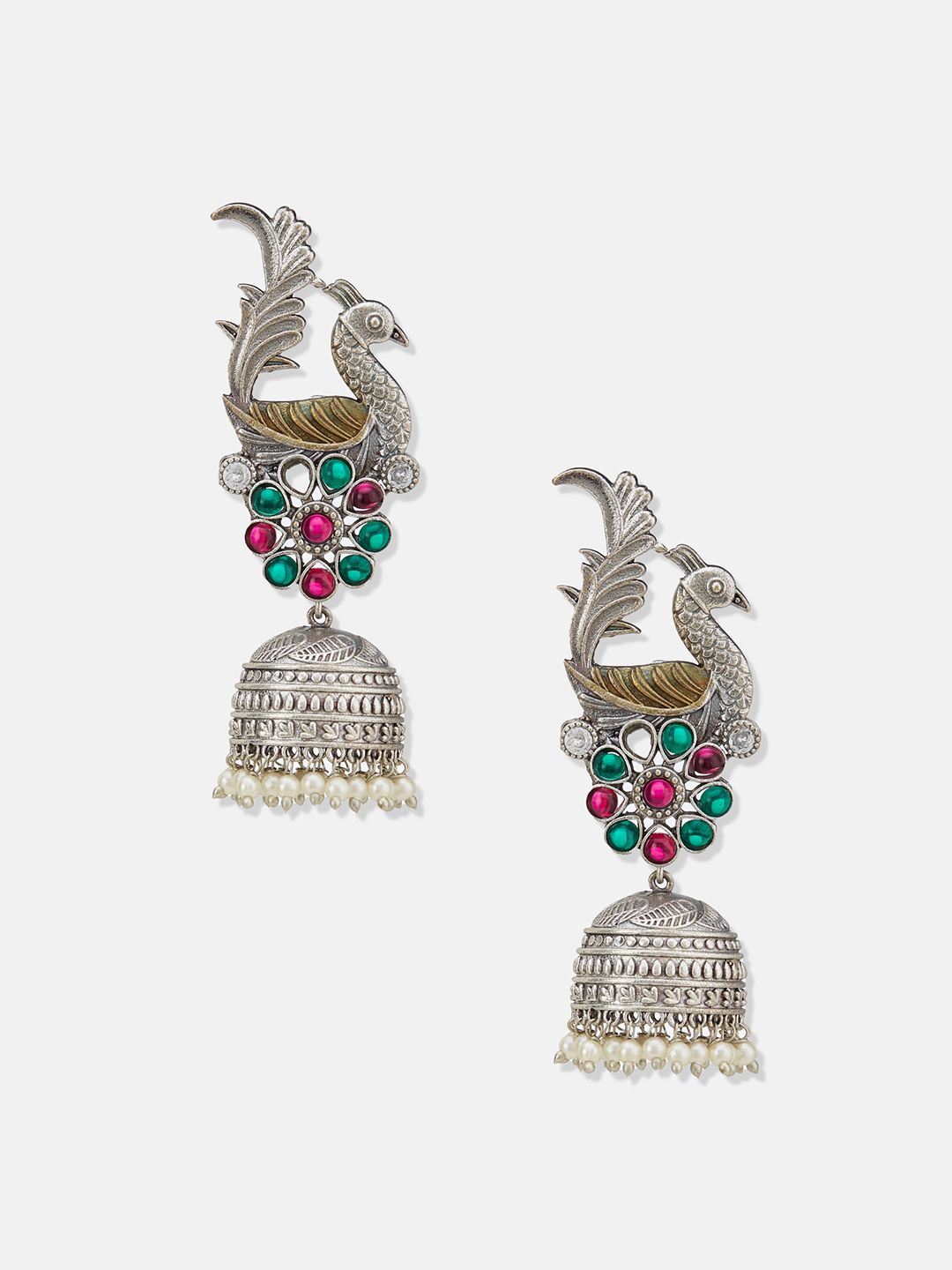 ATIBELLE German Silver Plated Peacock Shaped Oxidised Jhumkas Earrings