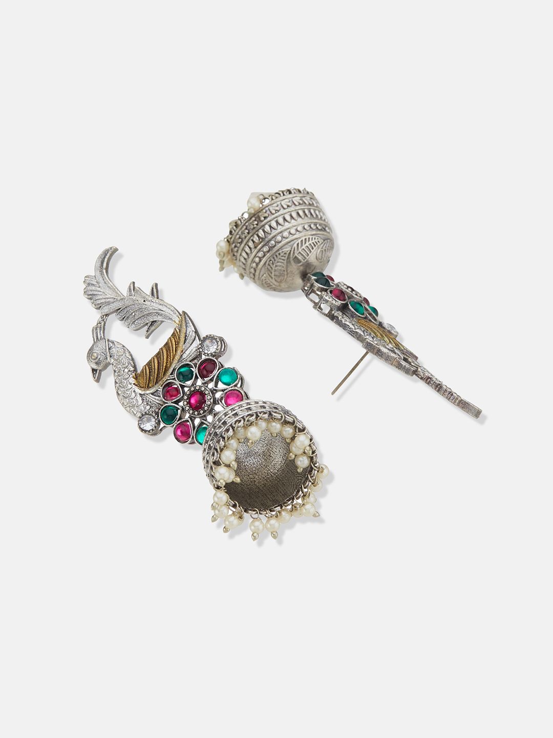 ATIBELLE German Silver Plated Peacock Shaped Oxidised Jhumkas Earrings