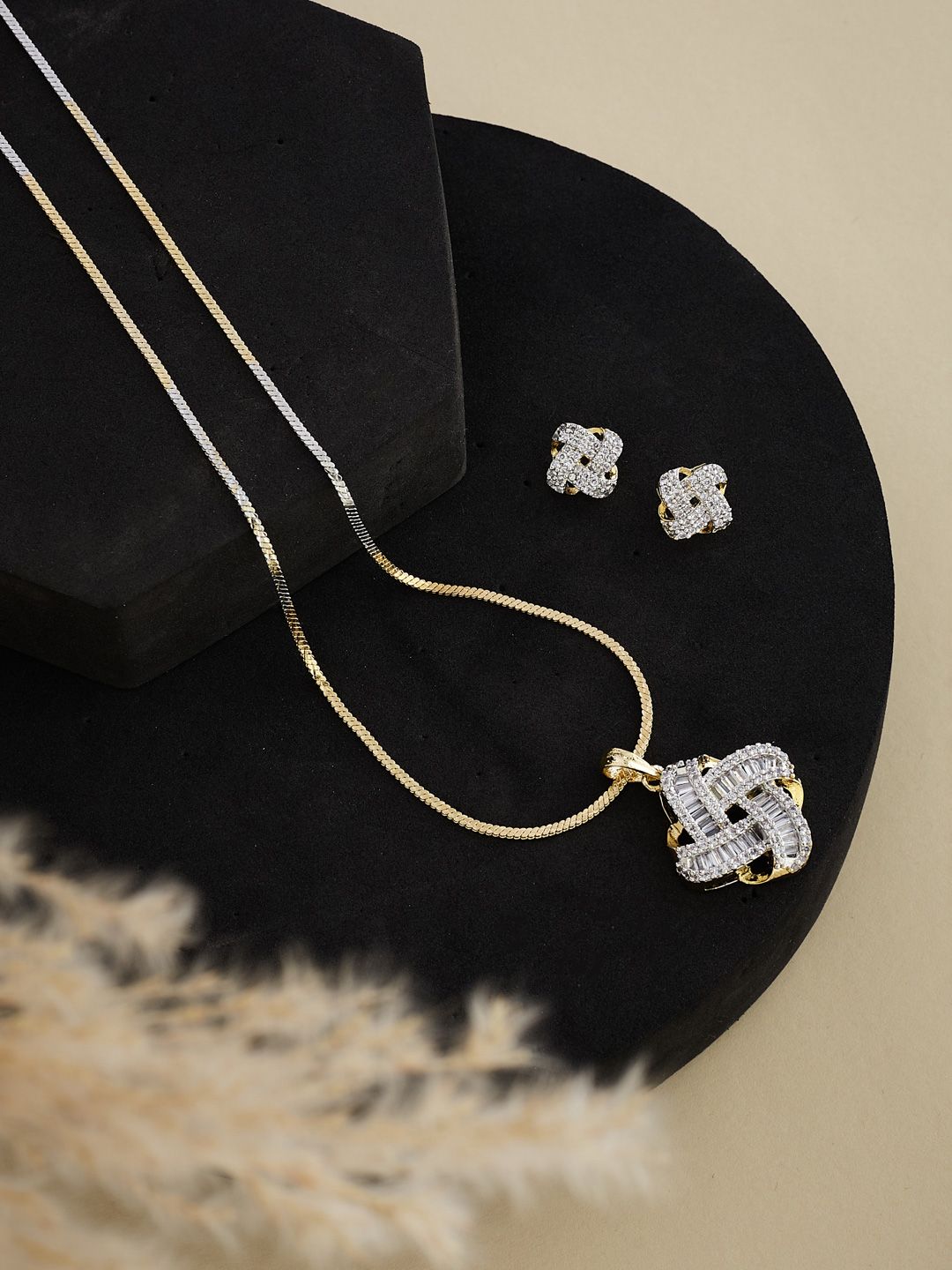 ATIBELLE Gold Plated Cubic Zirconia Studded Jewellery Set