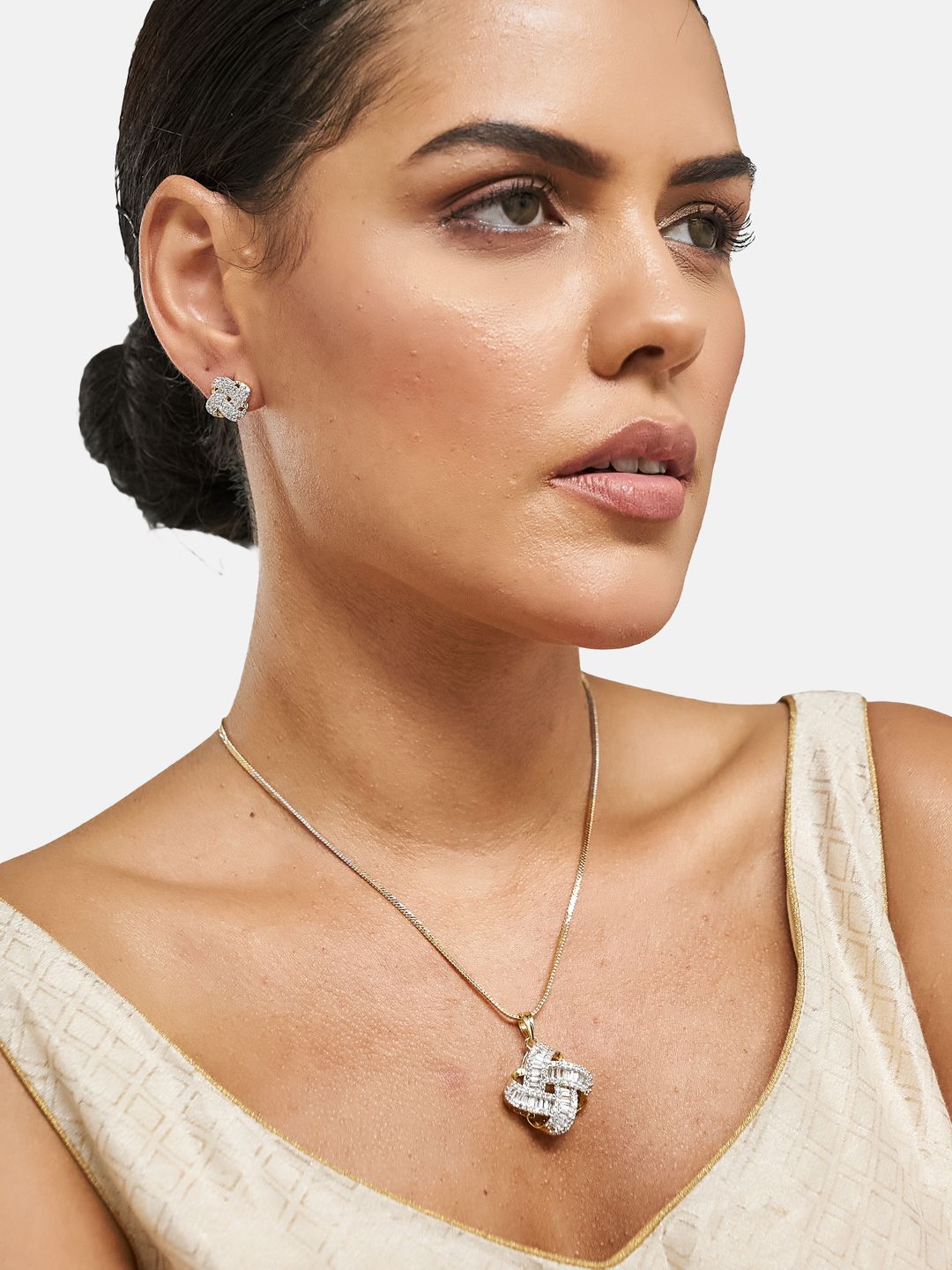 ATIBELLE Gold Plated Cubic Zirconia Studded Jewellery Set
