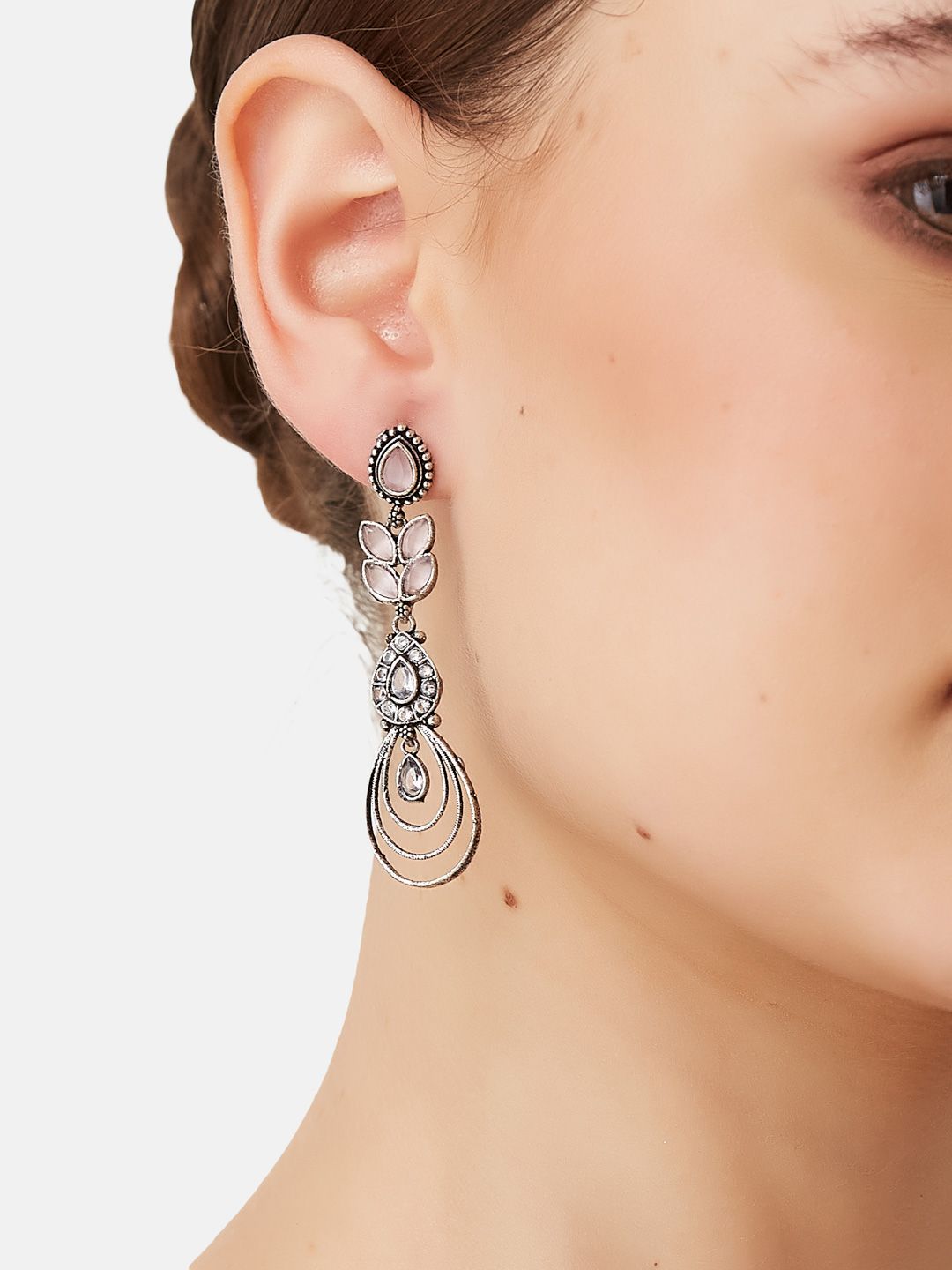ATIBELLE German Silver Plated Contemporary Oxidised Stone Studded Drop Earrings