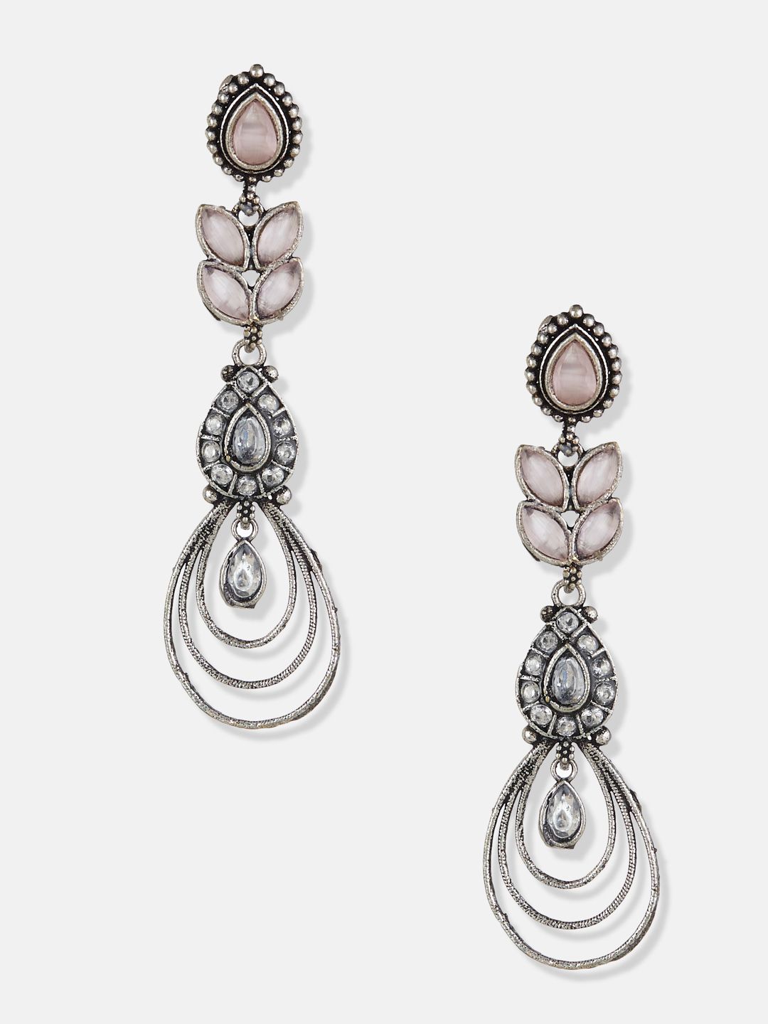 ATIBELLE German Silver Plated Contemporary Oxidised Stone Studded Drop Earrings