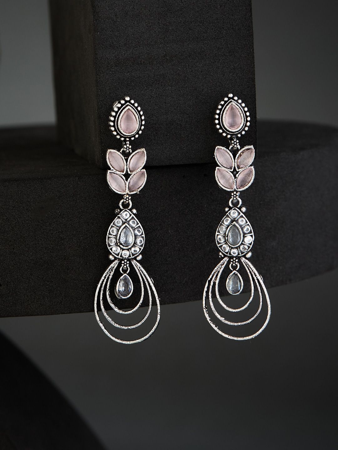 ATIBELLE German Silver Plated Contemporary Oxidised Stone Studded Drop Earrings-picture-12