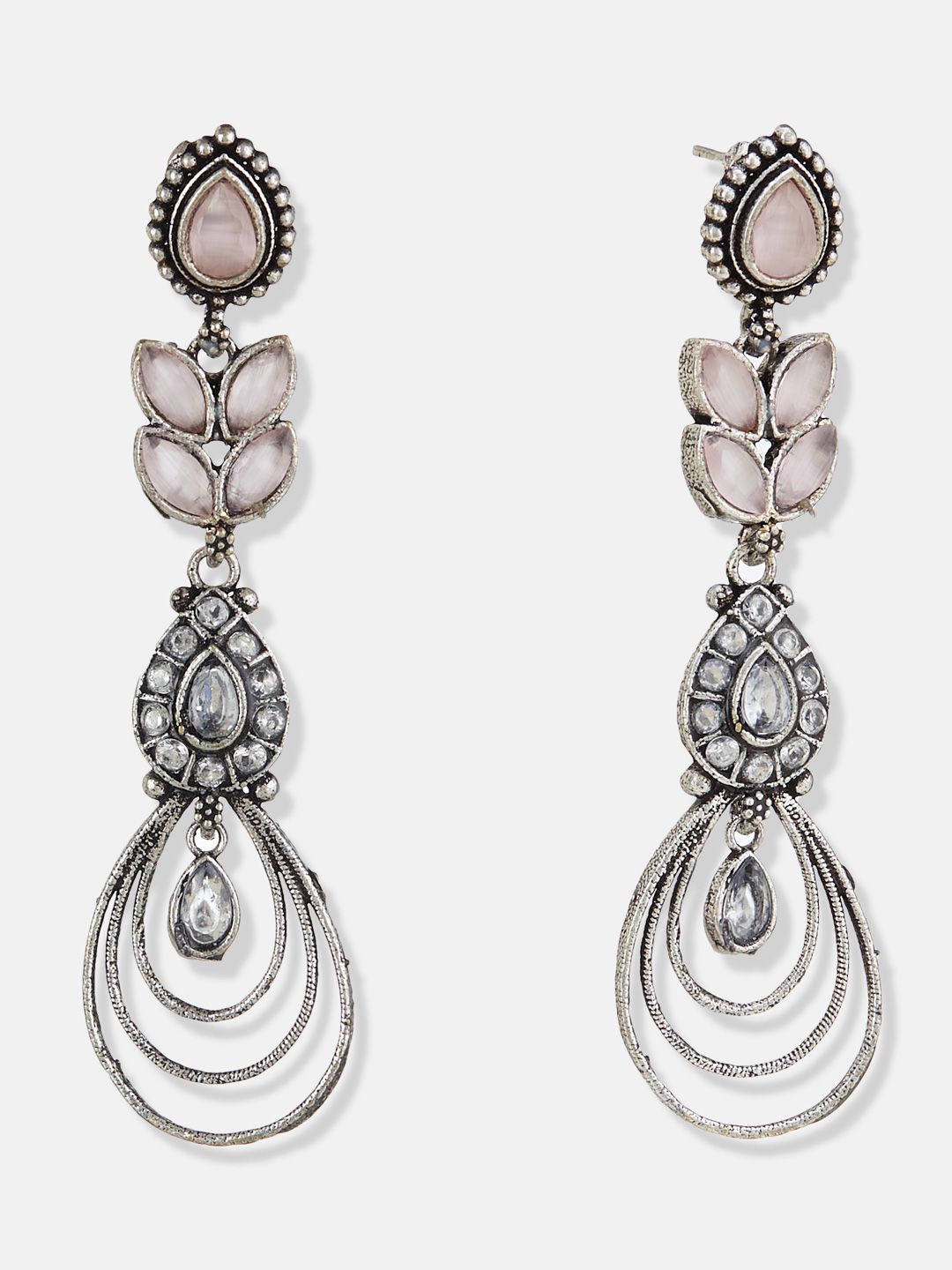 ATIBELLE German Silver Plated Contemporary Oxidised Stone Studded Drop Earrings