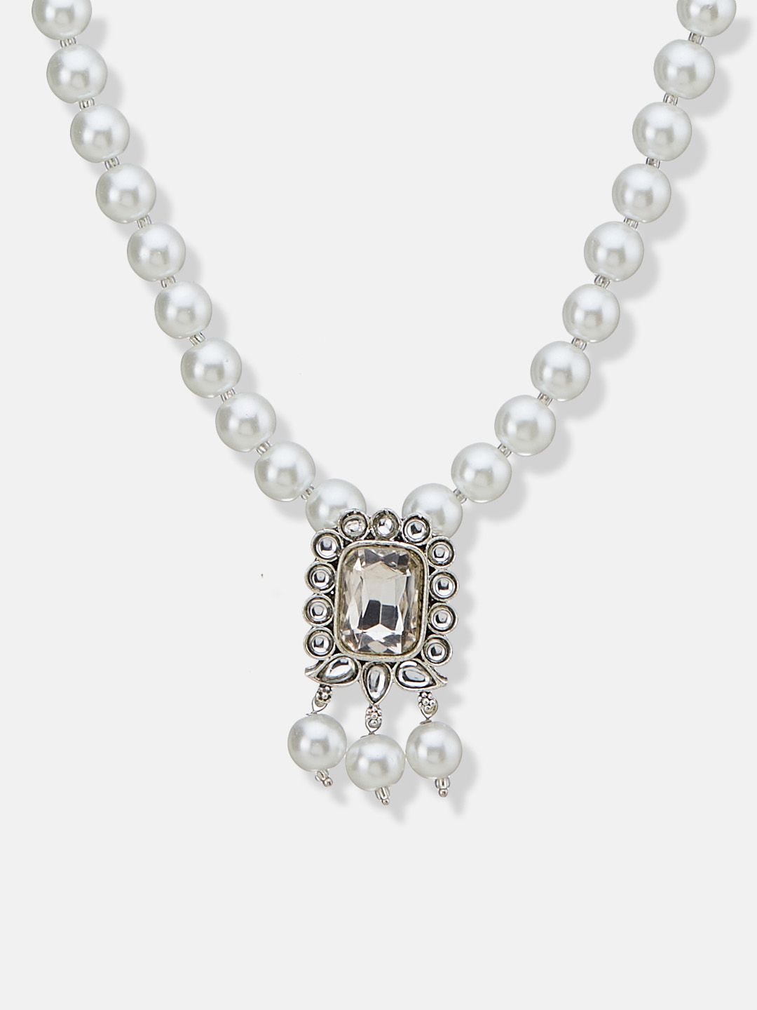 ATIBELLE Silver Plated Stone Studded & Beaded Jewellery Set