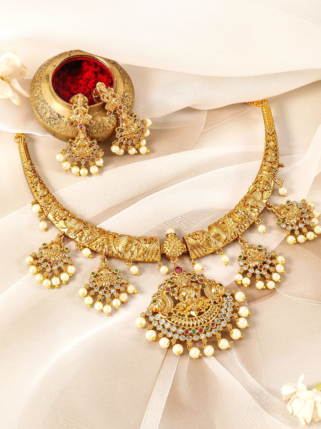Rubans 22KT Gold-Plated Kundan Studded & Pearls Beaded Lakshmi God Jewellery Set-picture-46