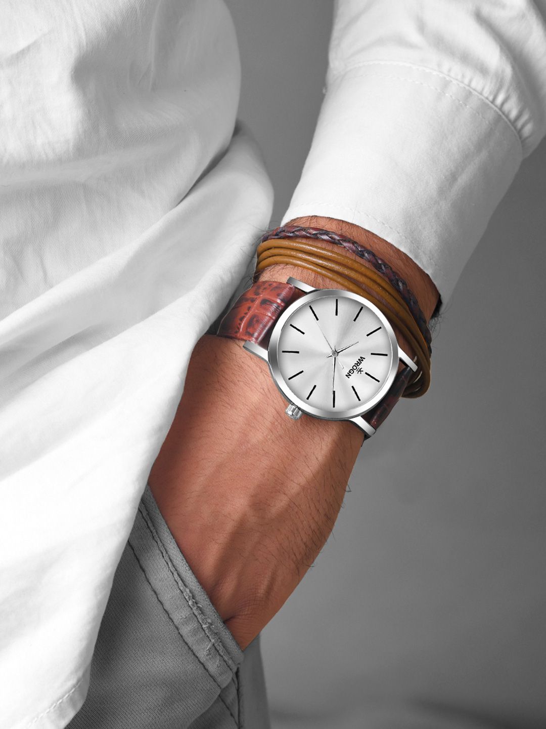WROGN Men Patterned Dial & Leather Straps Analogue Watch WRNWJ24 Set-12-image-4