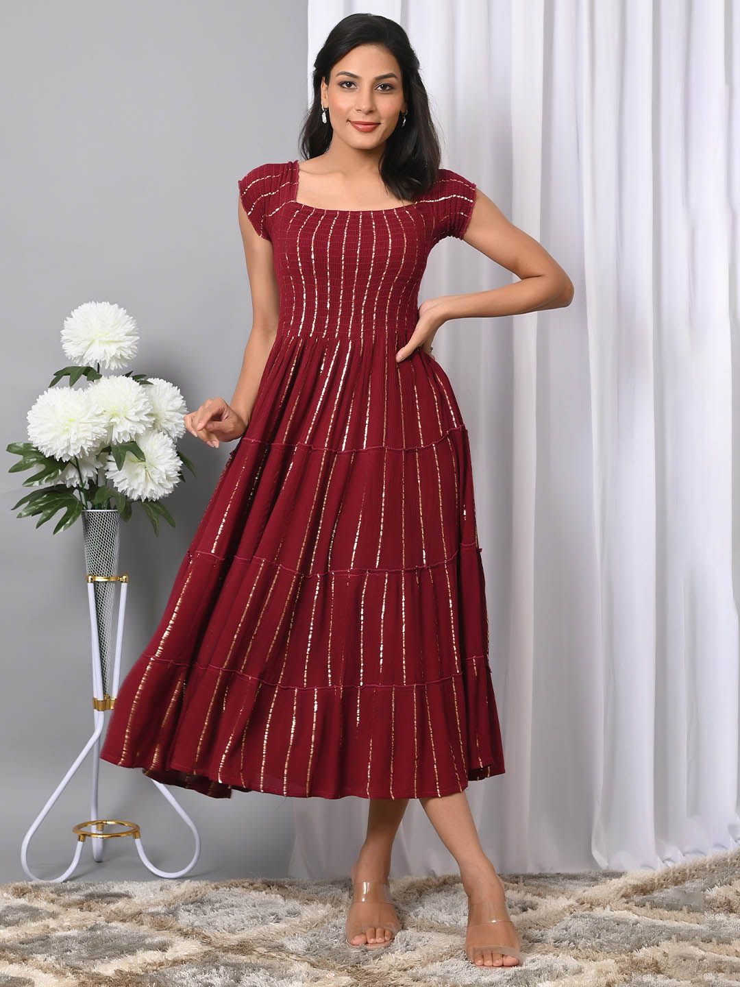 IQRAAR Women Square Neck Fit & Flared Midi Dress