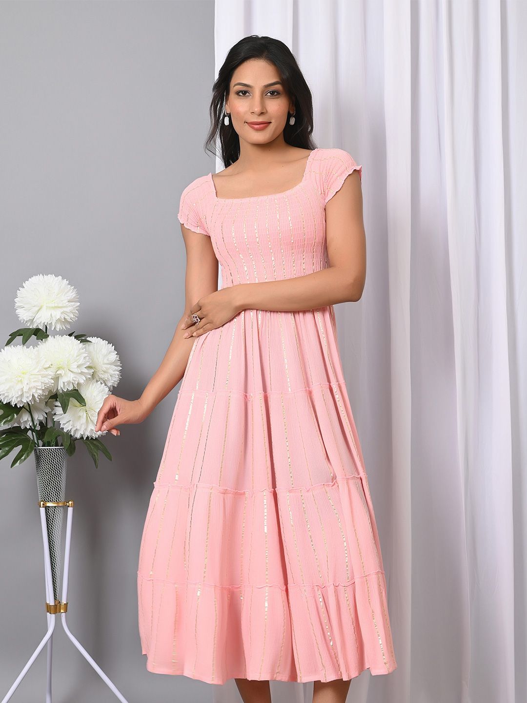 IQRAAR Women Smocked Fit and Flare Dress