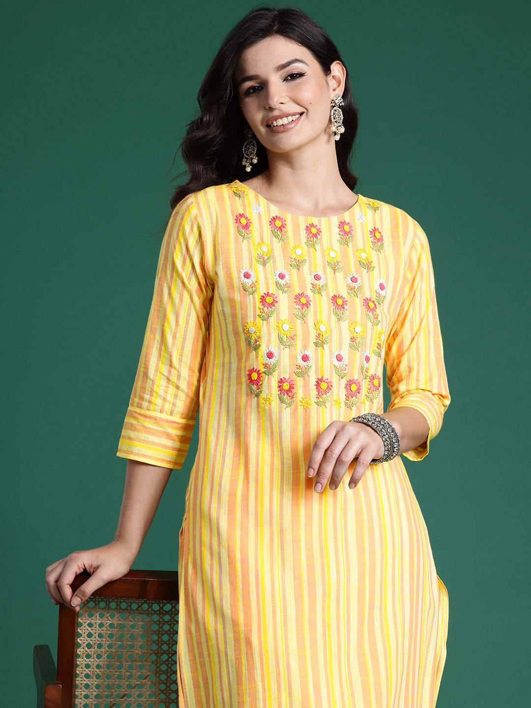 Indo Era Floral Embroidered Thread Work Pure Cotton Kurta with Trousers