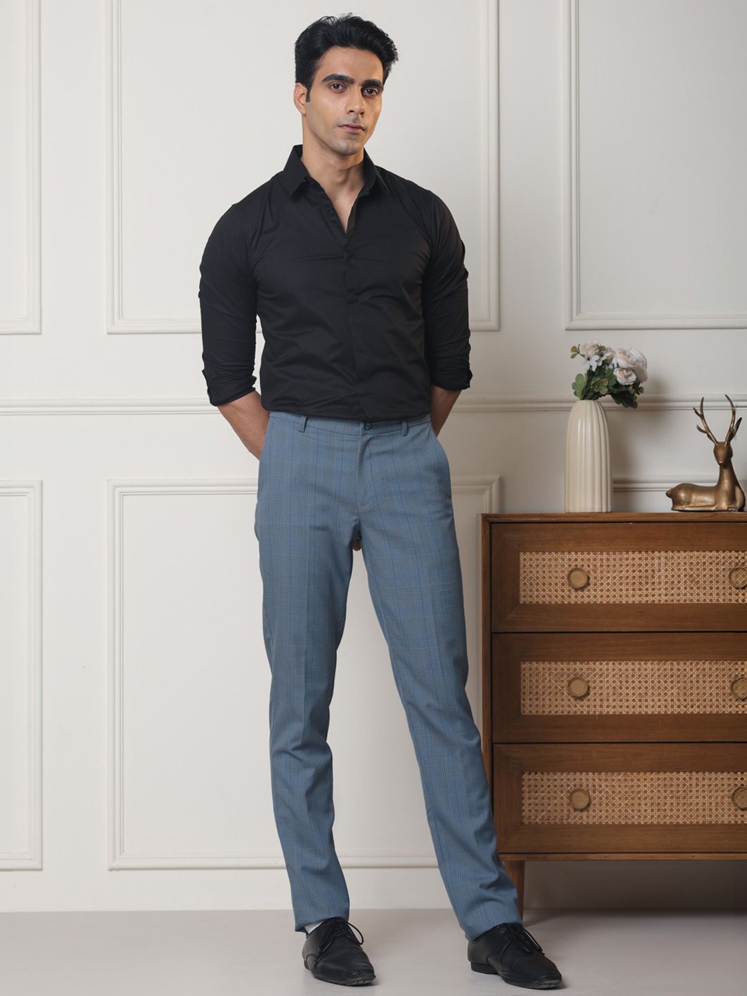 SUBTRACT Men Checked Slim Fit Wrinkle Free Formal Trousers-picture-11