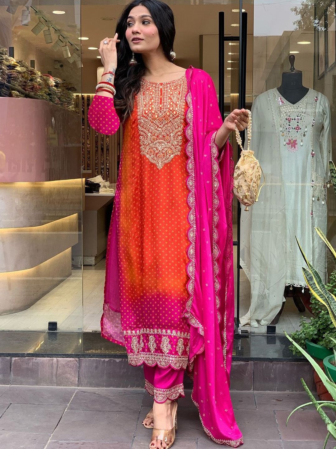 GoSriKi Ethnic Motifs Printed Sequinned Kurta with Trousers & Dupatta