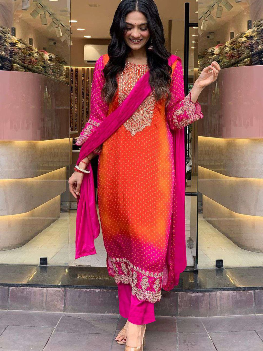 GoSriKi Bandhani Printed Sequinned Embroidery Work Kurta with Trousers & Dupatta