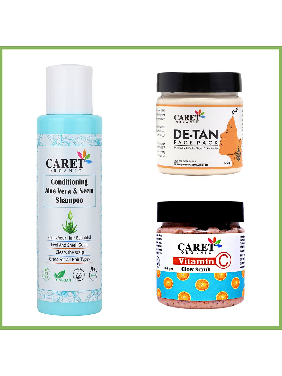 CARET ORGANIC Neem Shampoo De Tan Face Pack & Vitamin C Glow Scrub Combo-image-27