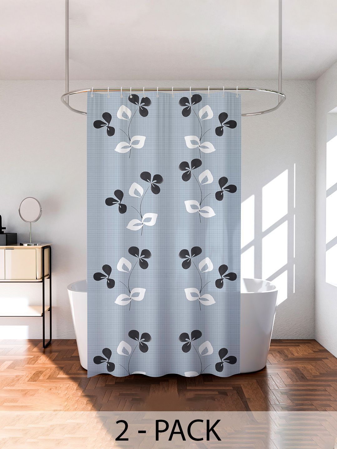 Kuber Industries Grey & White 2 Pieces Floral Printed Shower Curtain With Rings-picture-49