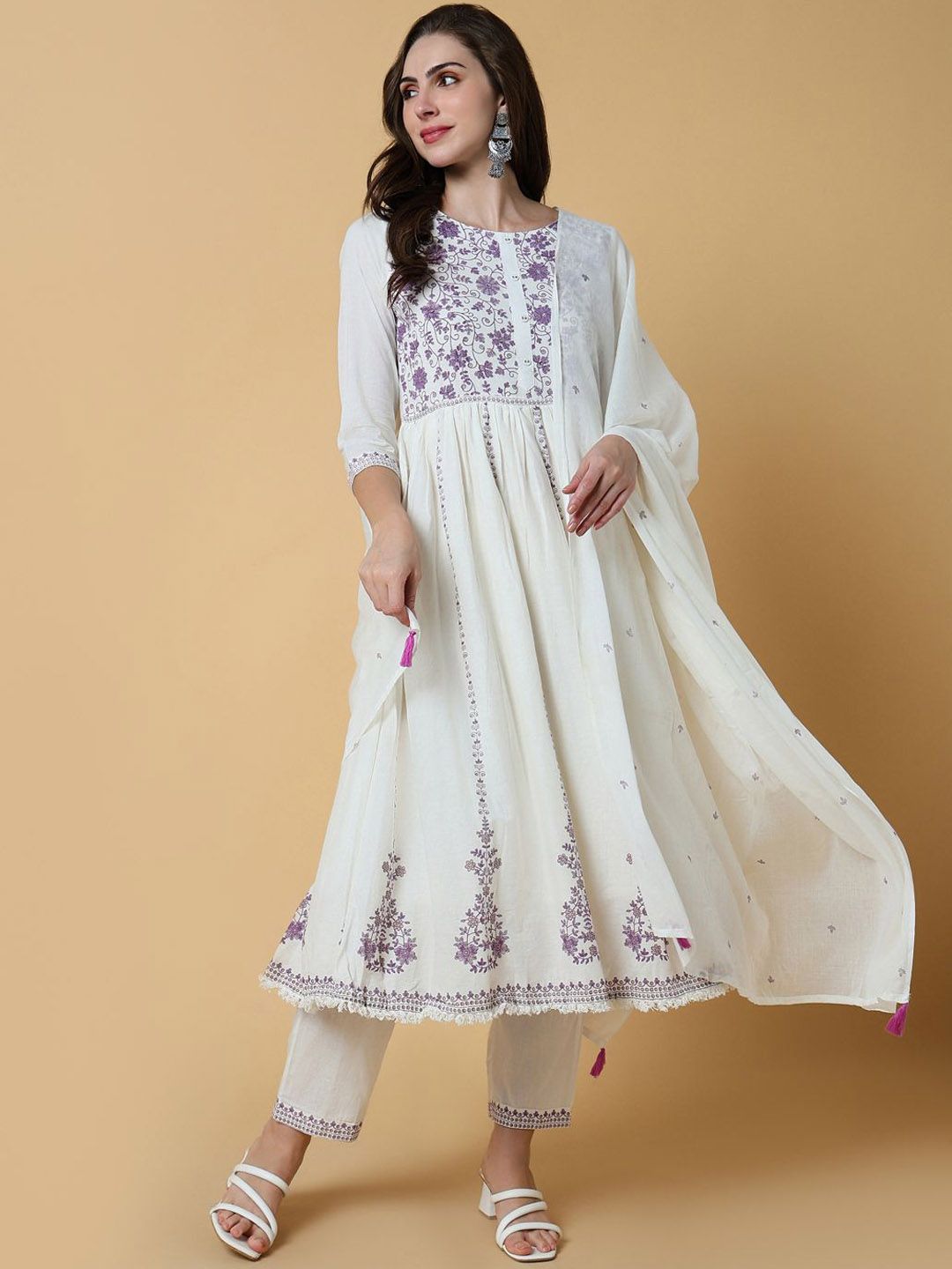 Peach Floral Foil Printed Festive Anarkali kurta, Tights And Dupatta Set