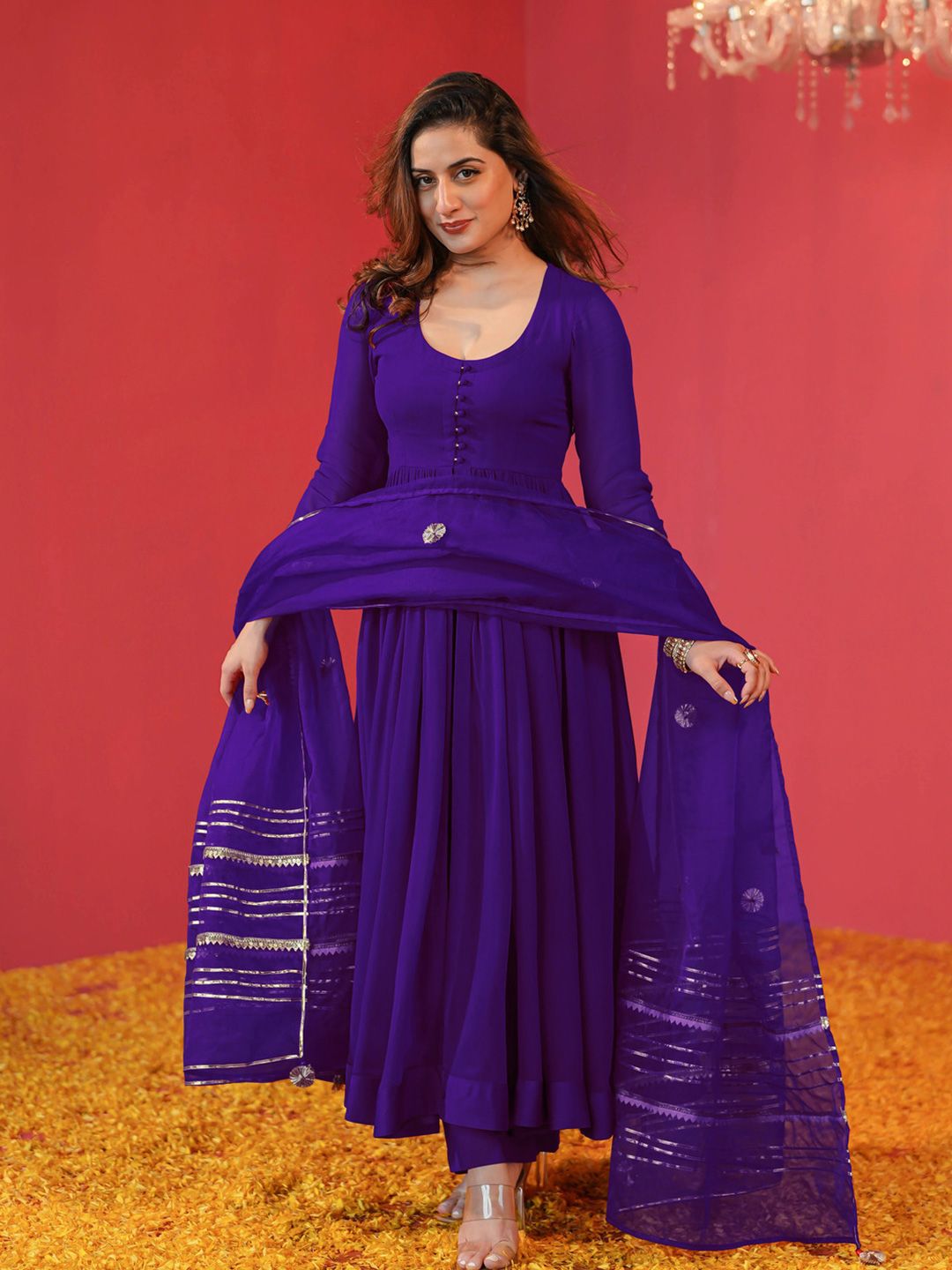 GoSriKi Solid Anarkali Gotta Patti Kurta with Trousers & Dupatta