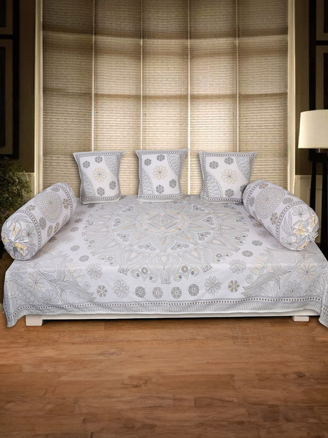 Texstylers White & Brown 6 Pieces Printed Cotton Diwan Set-image-40