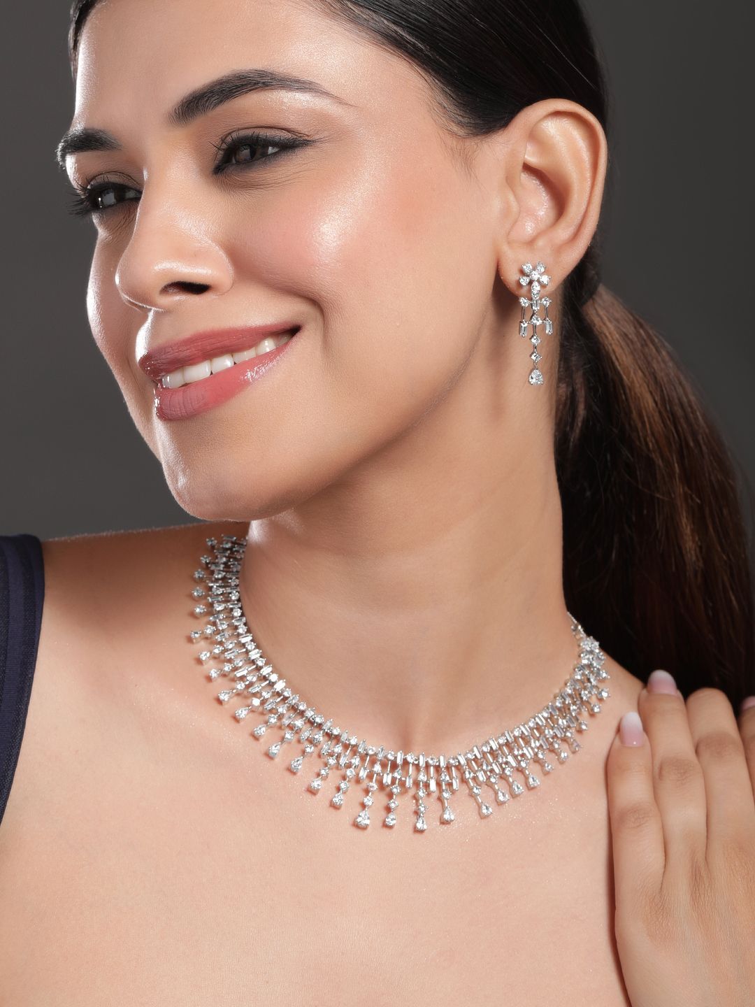 Rubans Rhodium-Plated White Ad & Cubic Zirconia Studded Premium Necklace Jewellery Set