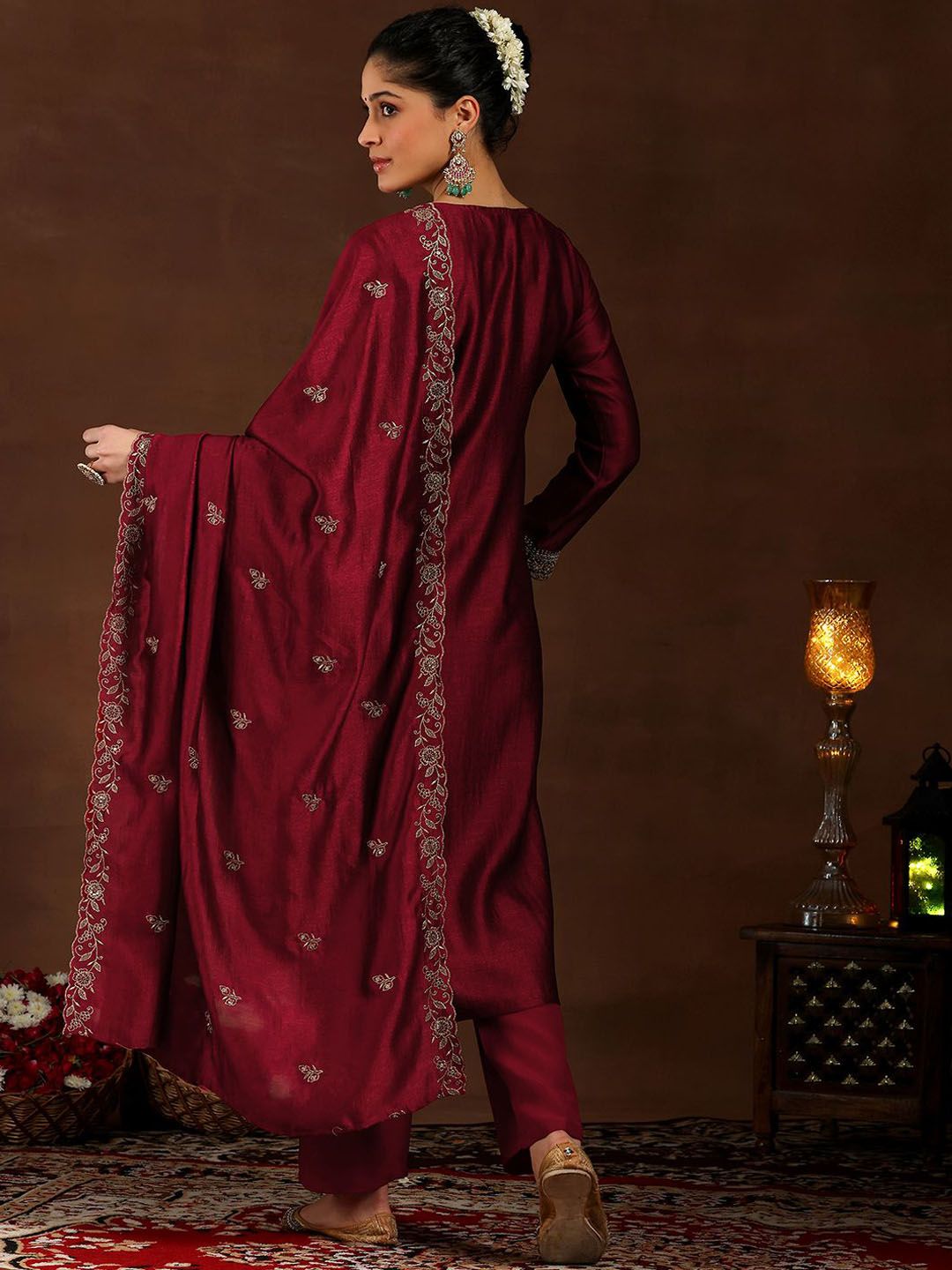 Women Embroidered Regular Sequinned Liva Kurta with Trousers & With Dupatta