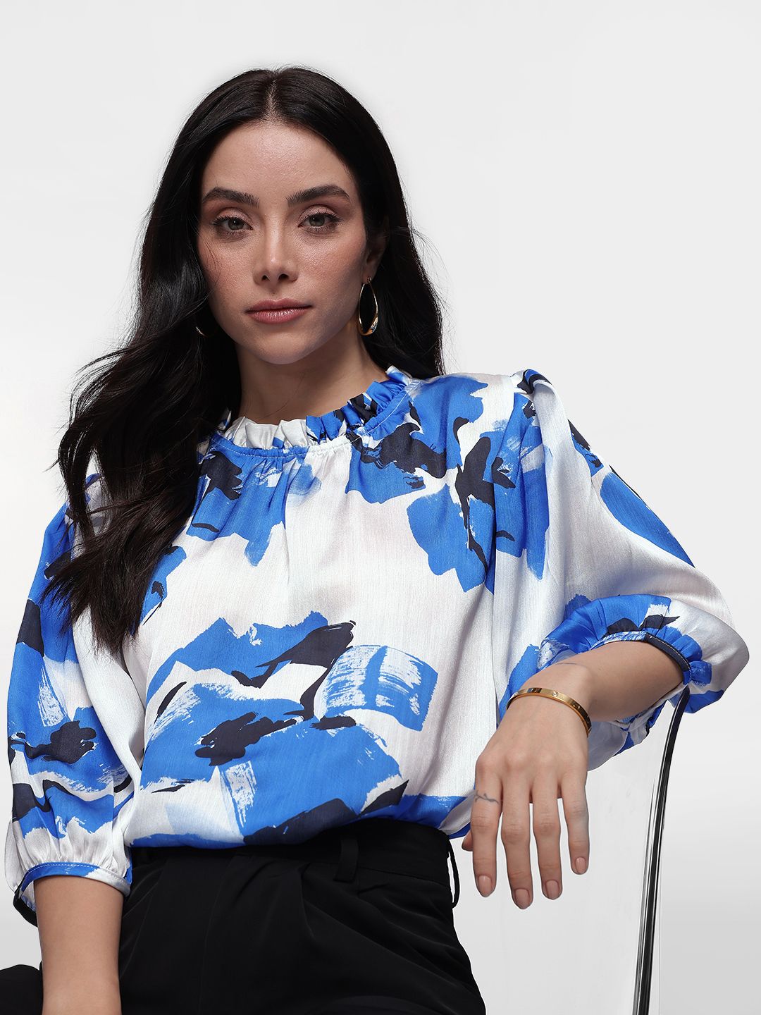 French Connection Printed High Neck Puff Sleeves Satin Top-picture-43