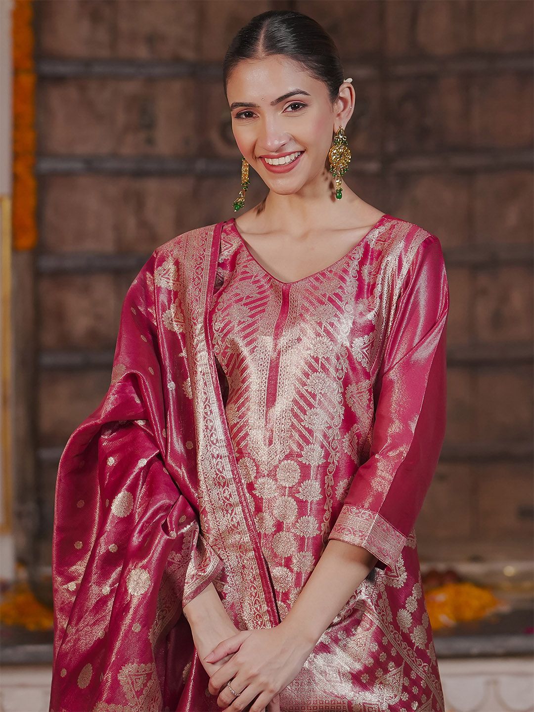 Indo Era Ethnic Motifs Woven Design Straight Kurta with Trousers & With Dupatta
