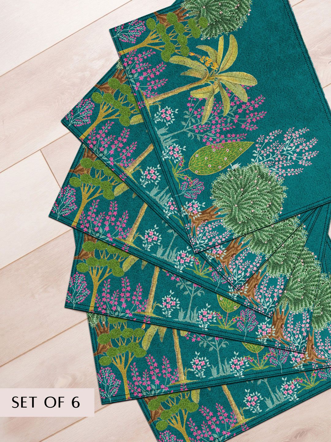 BLANC9 Green & Pink 6 Pieces Floral Printed Table Placemats
