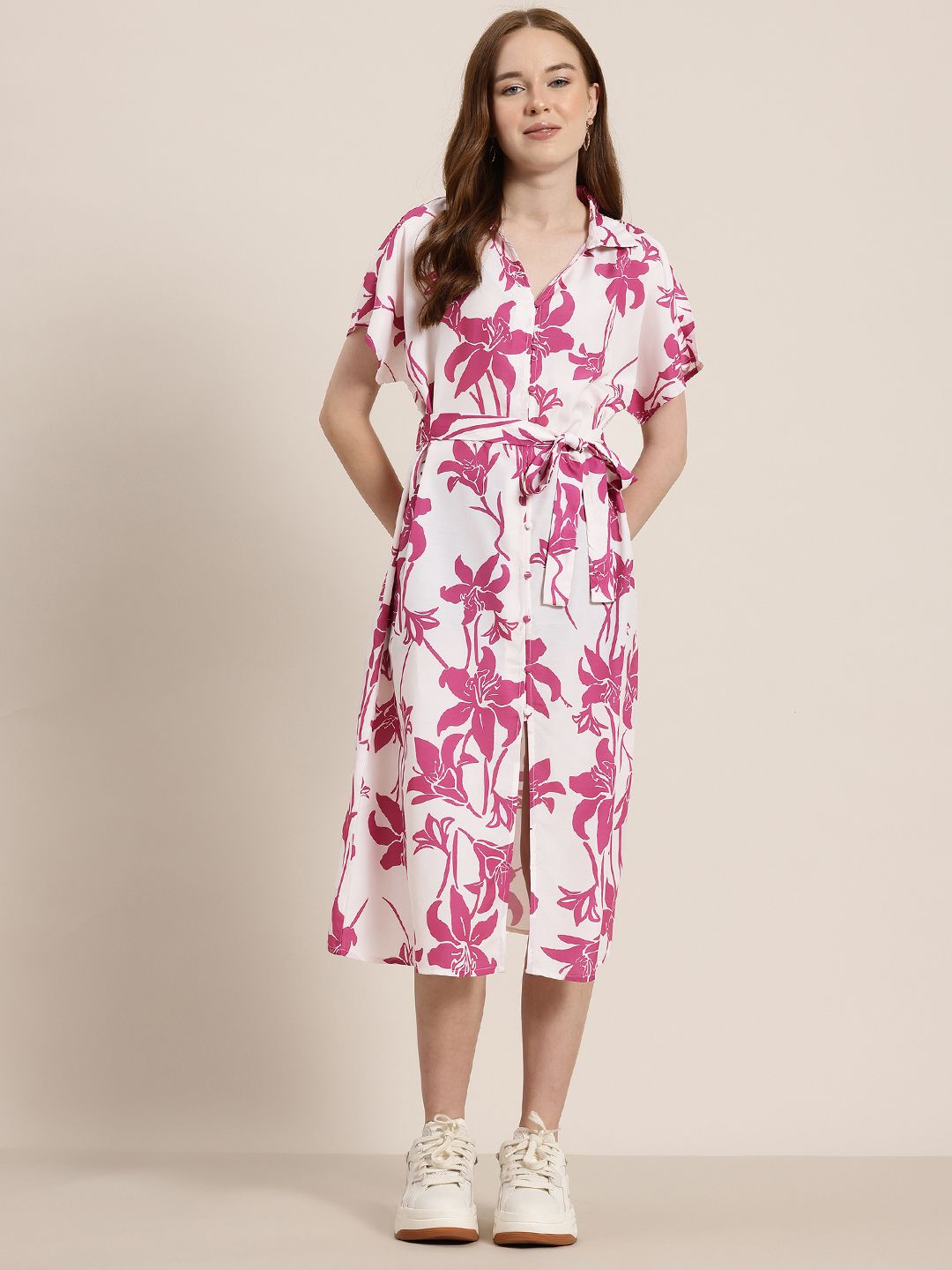 HERE&NOW Floral Print Shirt Midi Dress with Belt