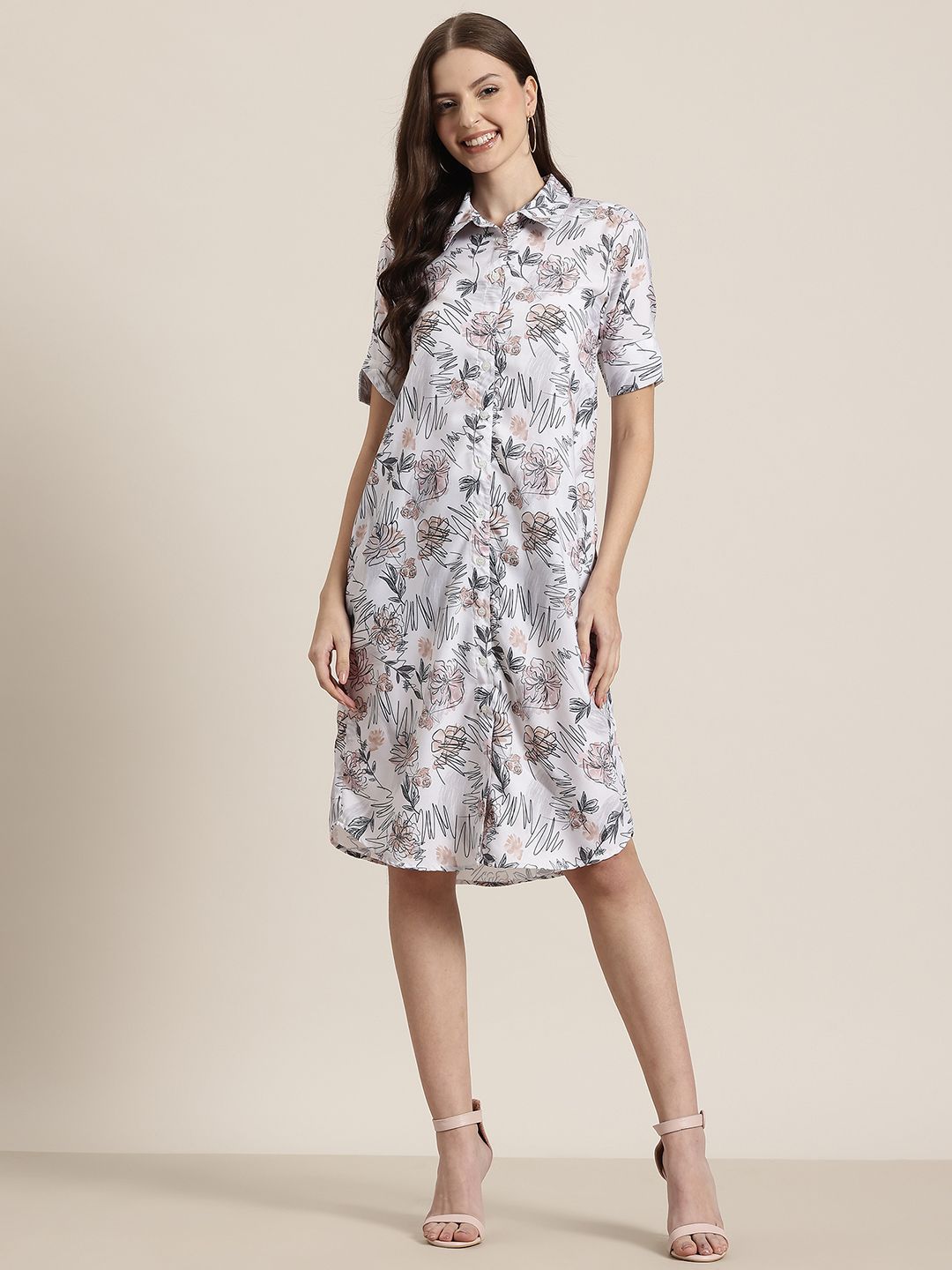 HERE&NOW Floral Printed Shirt Style Midi Dress-picture-49