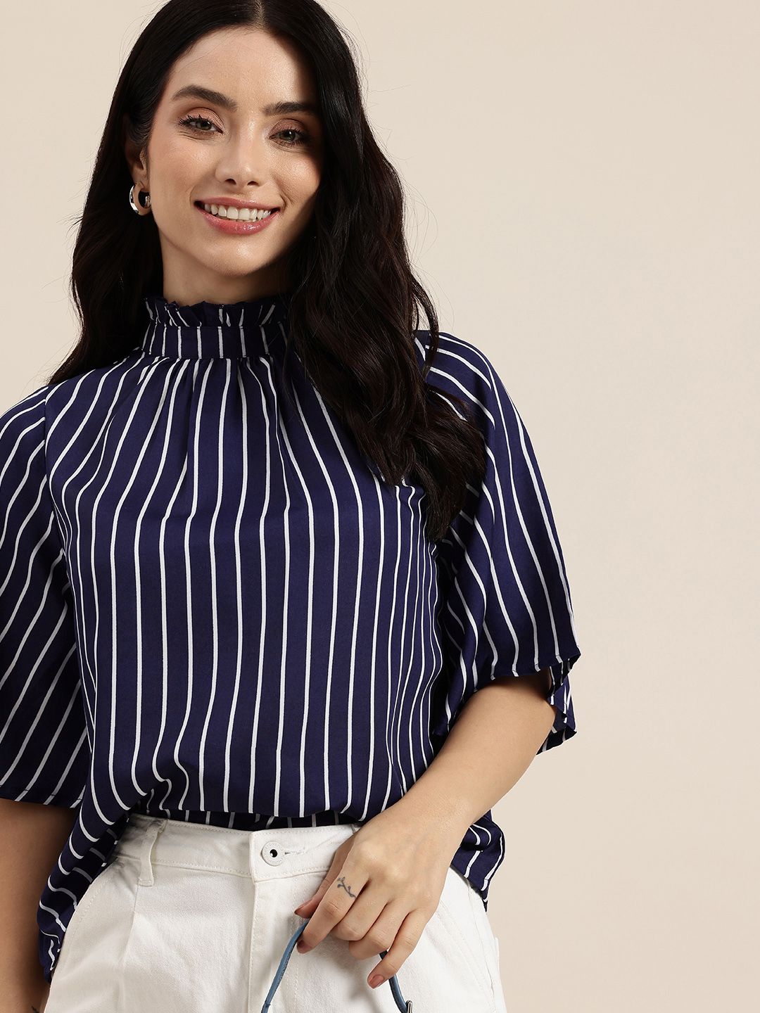 HERE&NOW Striped High Neck Flared Sleeve Top-picture-34