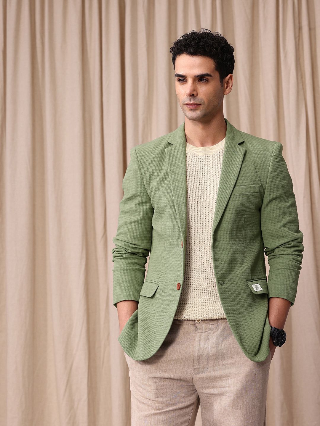 mr bowerbird Mr.Bowerbird Self Design Textured Tailored Fit Single Breasted Casual Blazer-picture-45