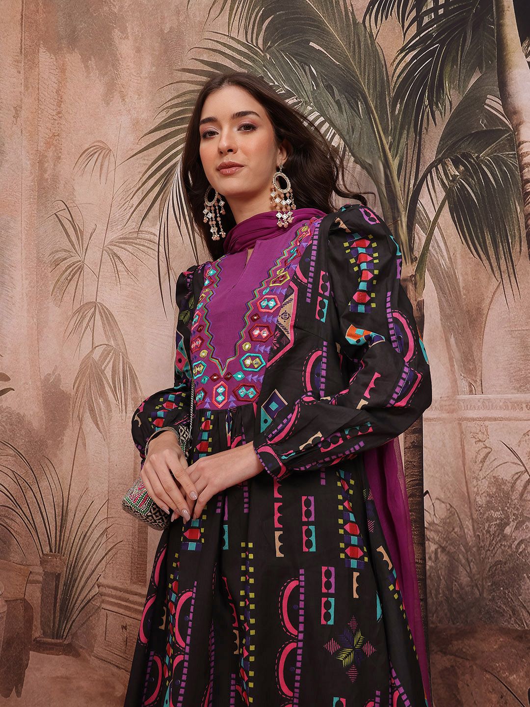 Sangria Printed Mirror Work Pleated Cotton Kurta with Trousers & Dupatta